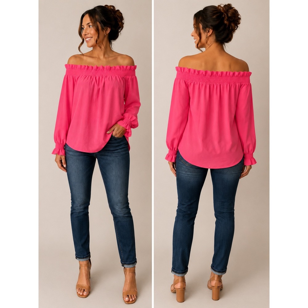 Crown & Ivy Pink Off the Shoulder Smocked Ruffle‎ Blouse Top Large Long Sleeve